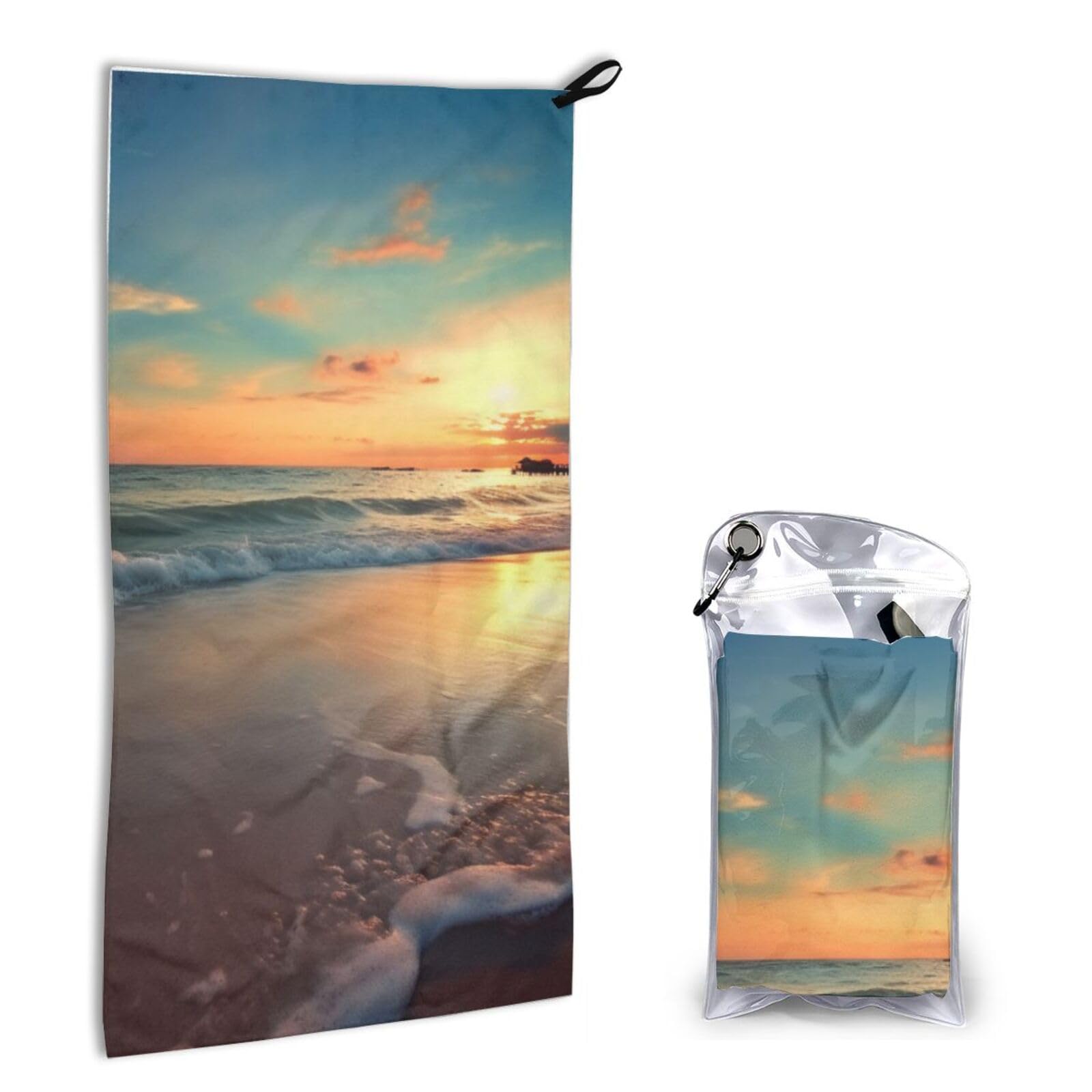 BWWHCCTI Quick Dry Hand Towel With Bag - Sunset Beach Printed Super Absorbent Face Cloth Microfiber Travel Sports Towels 40x80cm