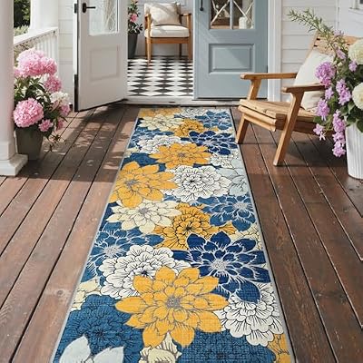 GENIMO 2.5’x8’ Indoor Outdoor Runner Rug for Hallway, Washable Waterproof Bedside Rugs, Non-Slip, Floral Mat Carpet for Patio, Living Room, Bedroom, Balcony, Kitchen, Deck, Porch, Navy Blue