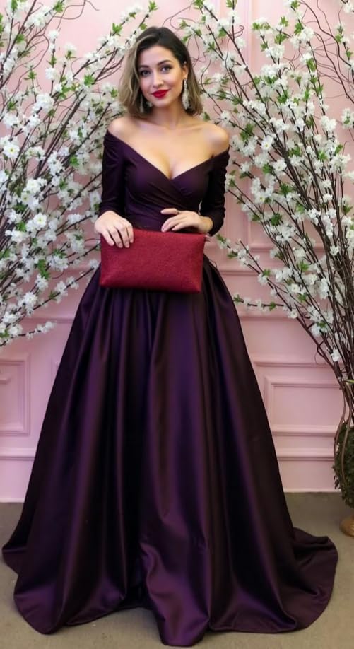 Dydsz Elegant Off Shoulder Evening Dresses for Women Formal Gown with Pockets Satin Mother of Bride Dresses Long Sleeve - Image 3