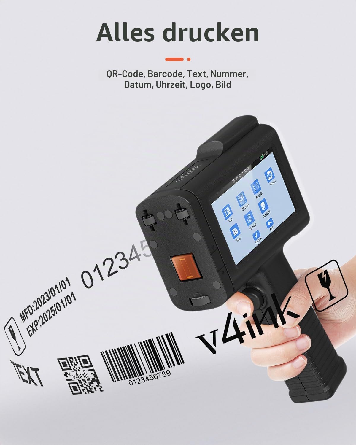 v4ink Handheld-Drucker BENTSAI BT-HH6105B2, tragbarer Handheld-Tintenstrahldrucker mit 4,3-Zoll-LED-Touchscreen Mobile Inkjet Coder QRCode Datum Logo Text auf jeder Oberfläche (BT-HH6105B2)