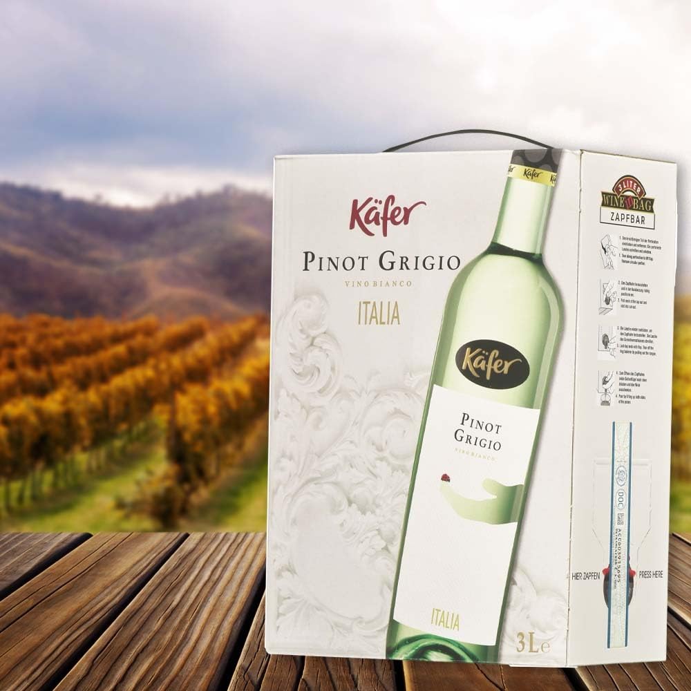 Käfer Pinot Grigio DOC, trocken, Bag-In-Box, sortenreines Weinpaket + VINOX Winecards (4x3,0l)