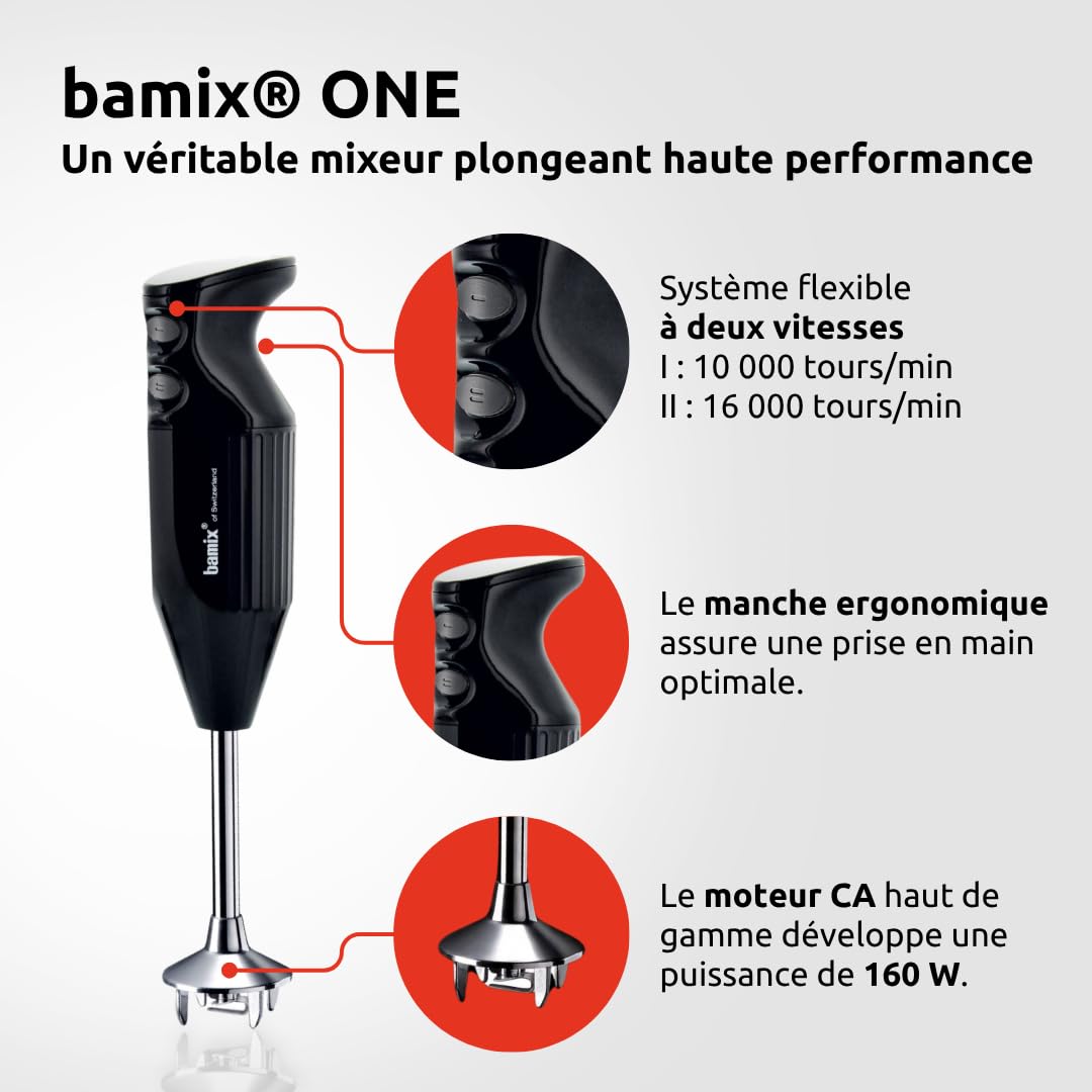 bamix Set avec mixeur plongeant M160 ONE avec couteau étoile en inox, 160 W, 2 vitesses, Fabriqué en Suisse, Noir