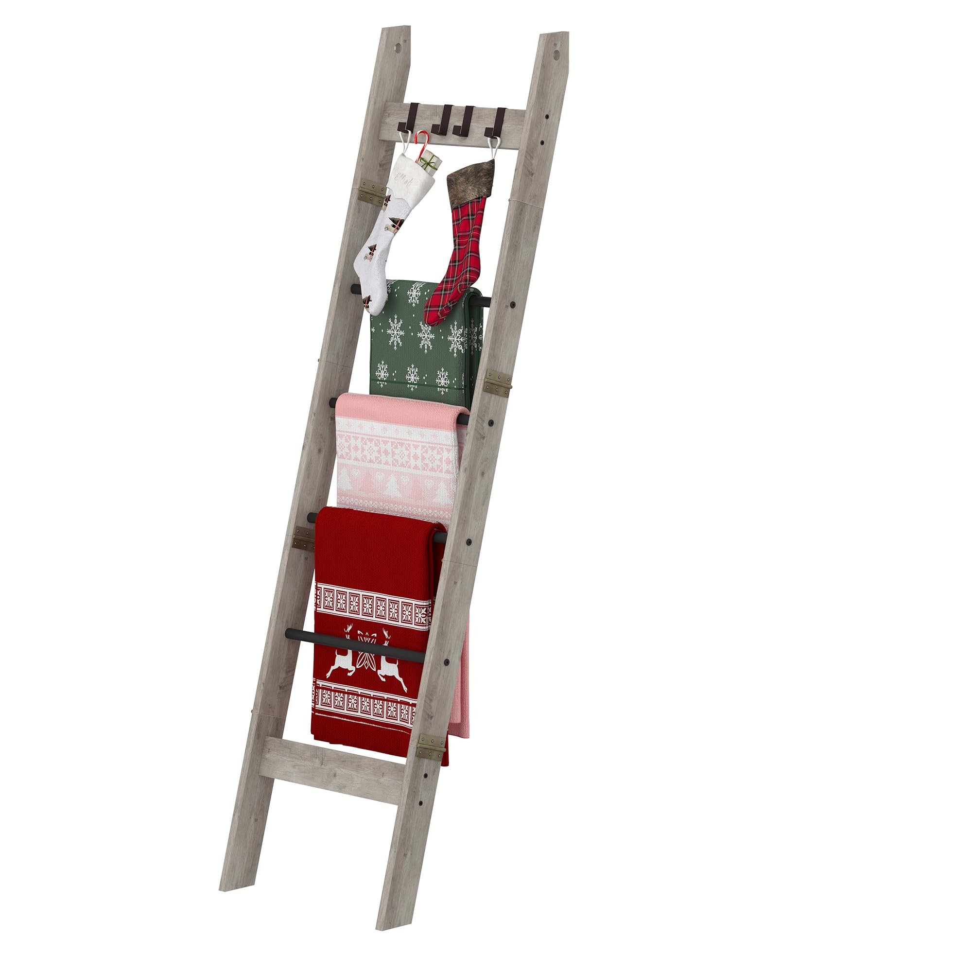 Blanket Ladder for Living Room, Decorative Quilt Rack with 4 Removable Hooks, 6-Tier Farmhouse Ladder Holder Shelf Organizer for Bedroom, Greige and Black BR31505B