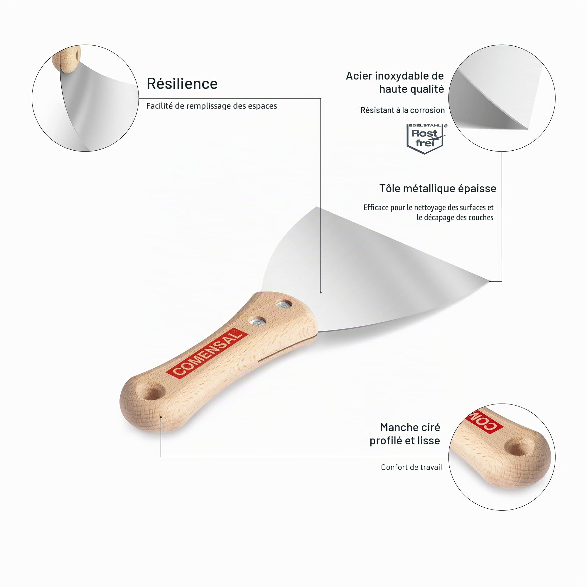 COMENSAL® Ensemble de 7 pcs - Couteau à Enduit 200/240- Bac à Enduit Inox - Spatule Enduit 150 - Éponge de Ponçage 3 pcs - Anticorrosion - Made in EU