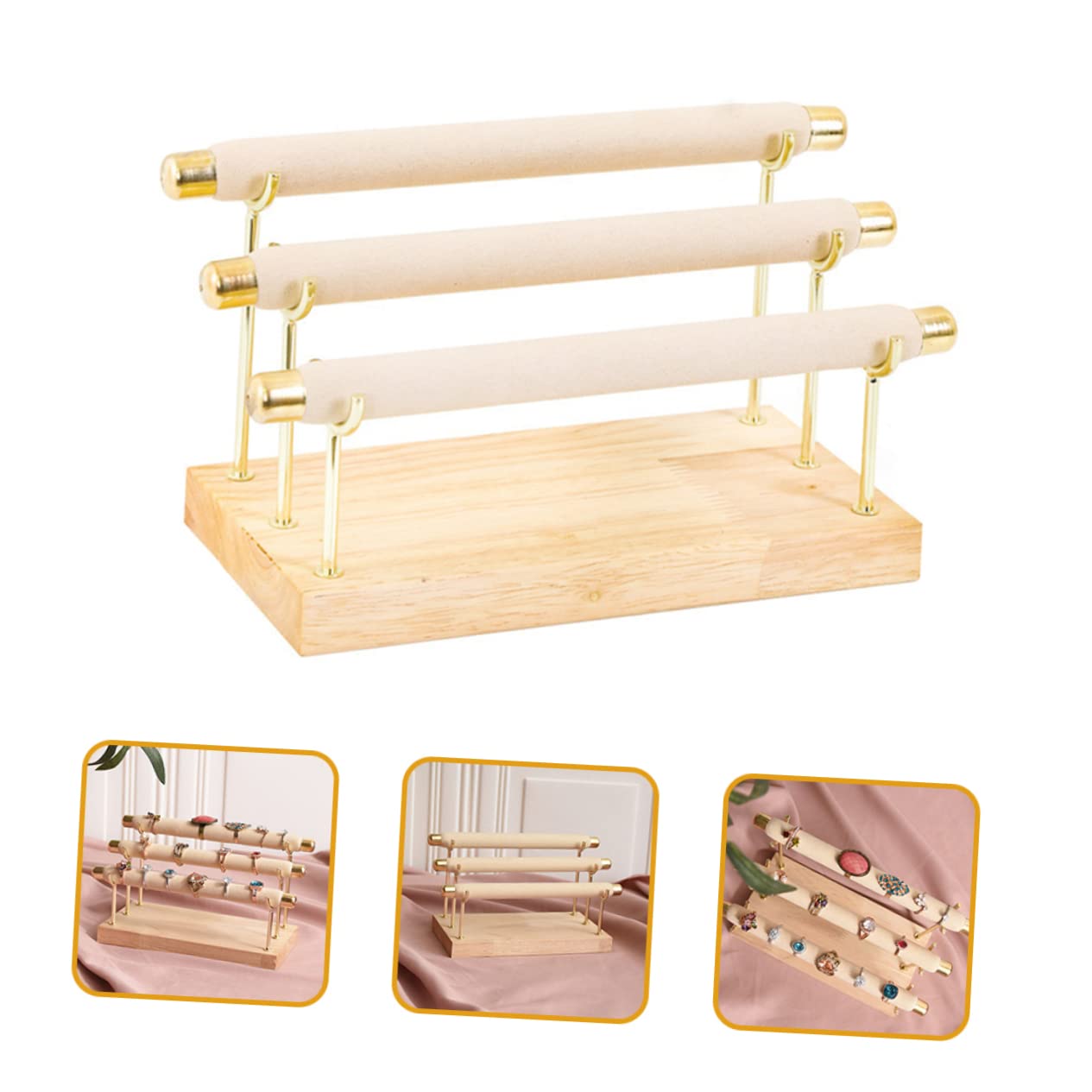 Homoyoyo Soporte de 3 Niveles de Madera Sólida de Exhibición de Joyas Beige