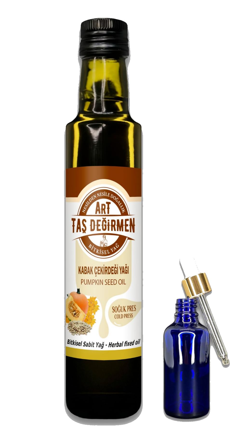 Art Taş Değirmen Soğuk Sıkım%100 Saf Doğal Kabak Çekirdeği Yağı 250ml (30 ML Dolum Şişesi Hediye!)