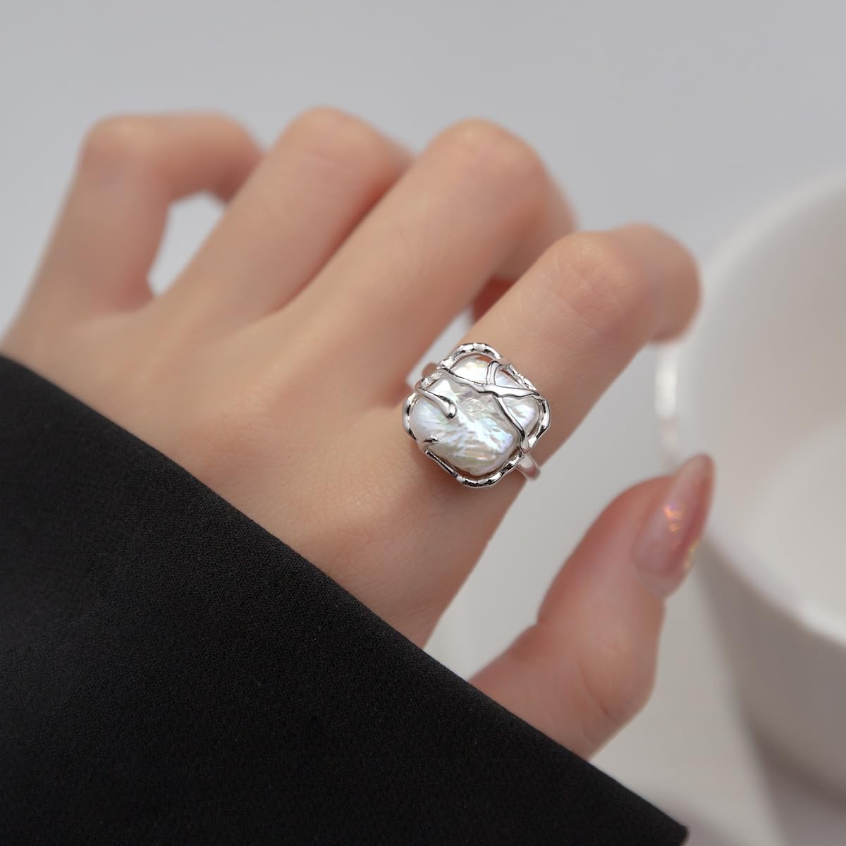 IMINI Anillo de plata de ley 925 con perla barroca irregular para mujer y niña, anillo de moda ajustable para mujer y niña, regalo de cumpleaños o San Valentín, plata de ley, perla, Plata de ley,