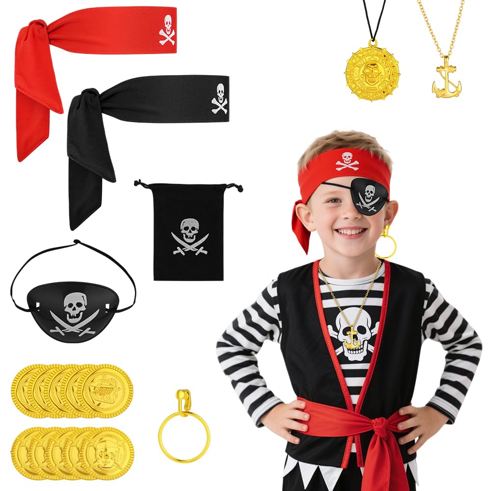 AOOWU 8 Pcs Pirate Costume Accessory Set, Pirate Role Play Outfit With Headscarf, Eyepatch, Earring, Necklace, Gold Coins