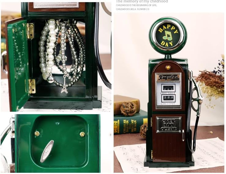 Miniatura 5 de Ccache Caja de música retro con bomba de gas de EE. UU., dispensador de combustible, caja de música de manivela, adorno personalizado, regalo de