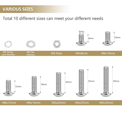 Miniatura 4 de Juego de 148 piezas M6 x 810121620251.181 in, tornillos de cabeza de botón, tuercas y arandelas, kit surtido de acero inoxidable 304, rosca