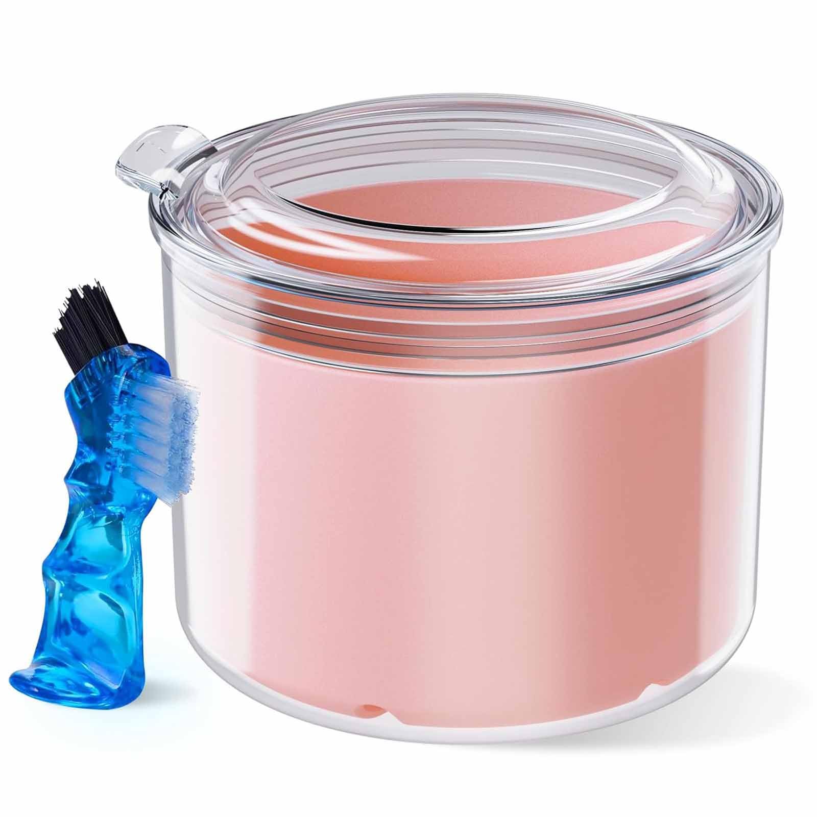 Tazweeq Denture Case, Denture Bath Cup with Brush, Denture Container Cup for Soaking Dentures, Retainers, Dental Care Storage Case (Pink)