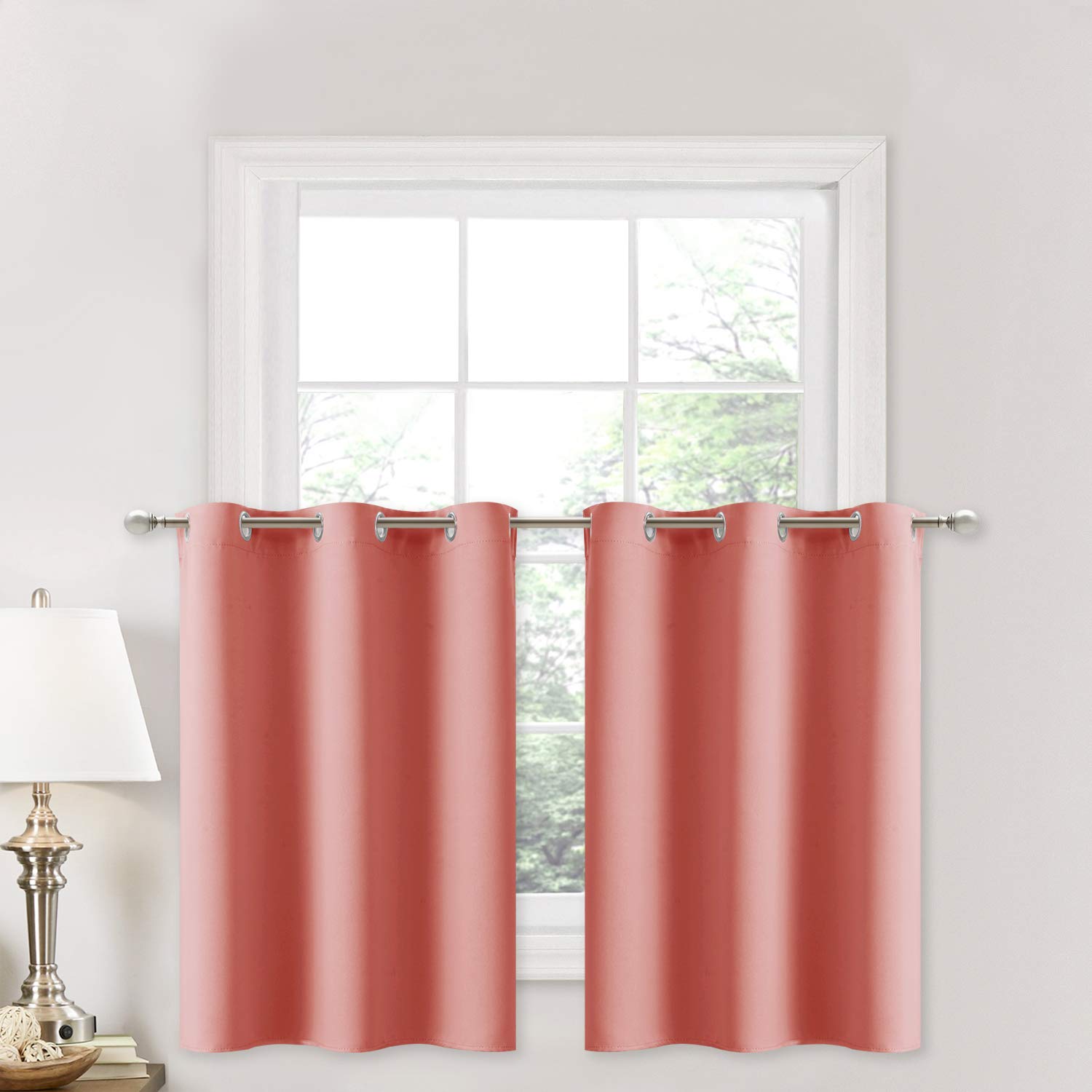 NICETOWN Blackout Curtain for Small Window - Functional Energy Smart Grommet-Top Curtain Panels for Kitchen/Basement/Bathroom/Nursery, Coral, 1 Pair, W29 x L36 + 1.2 inches Header