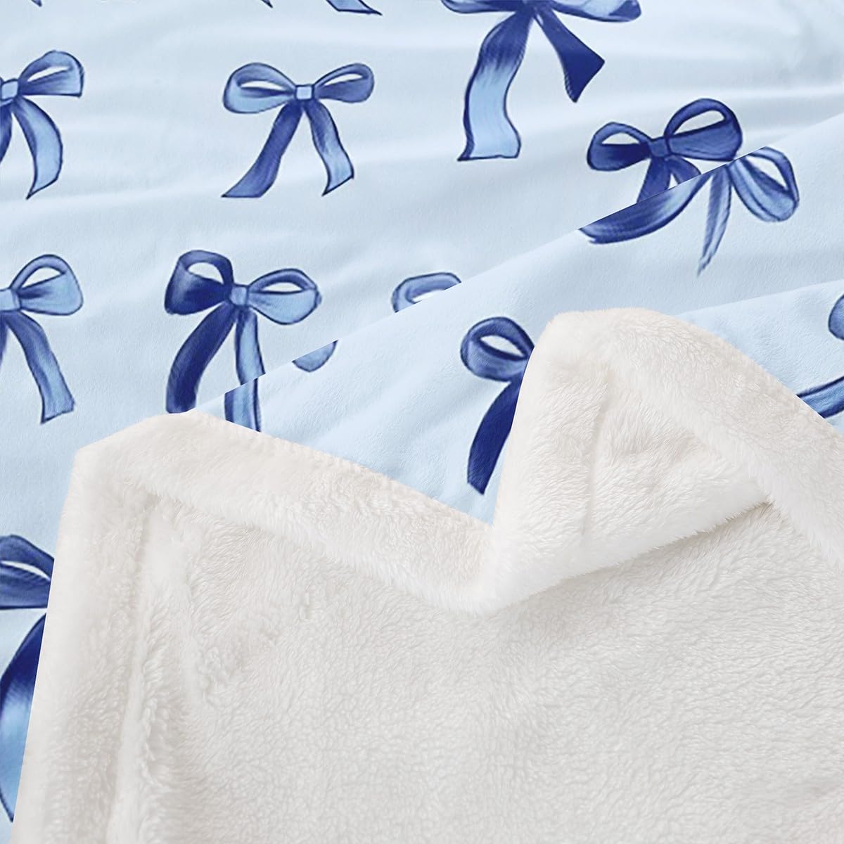 Erosebridal Bowknot Blanket Throw Size, Kawaii Simple Bows Microfiber Cozy Throw Blanket, Cute Cartoon Dreamy Printed Kids Teens Fleece Blanket for Sofa Bed, Baby Blue Ribbon Fluffy Sherpa Blanket