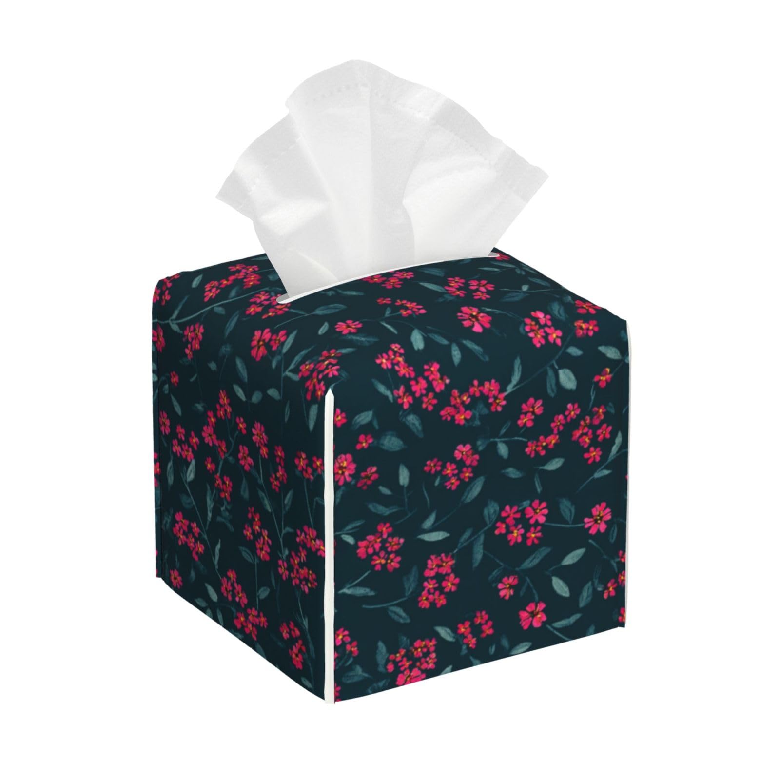 Tiny Red Flowers Fabric Tissue Box Cover Square Pu Leather Waterproof Tissue Box Holder for Car Bathroom Bedroom Office Tabletop Decor
