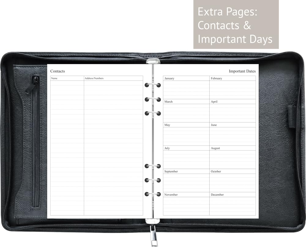 Fan&Ran Agenda 2026 con cremallera, carpeta de 6 anillas con inserciones semanales, tamaño A5, color negro
