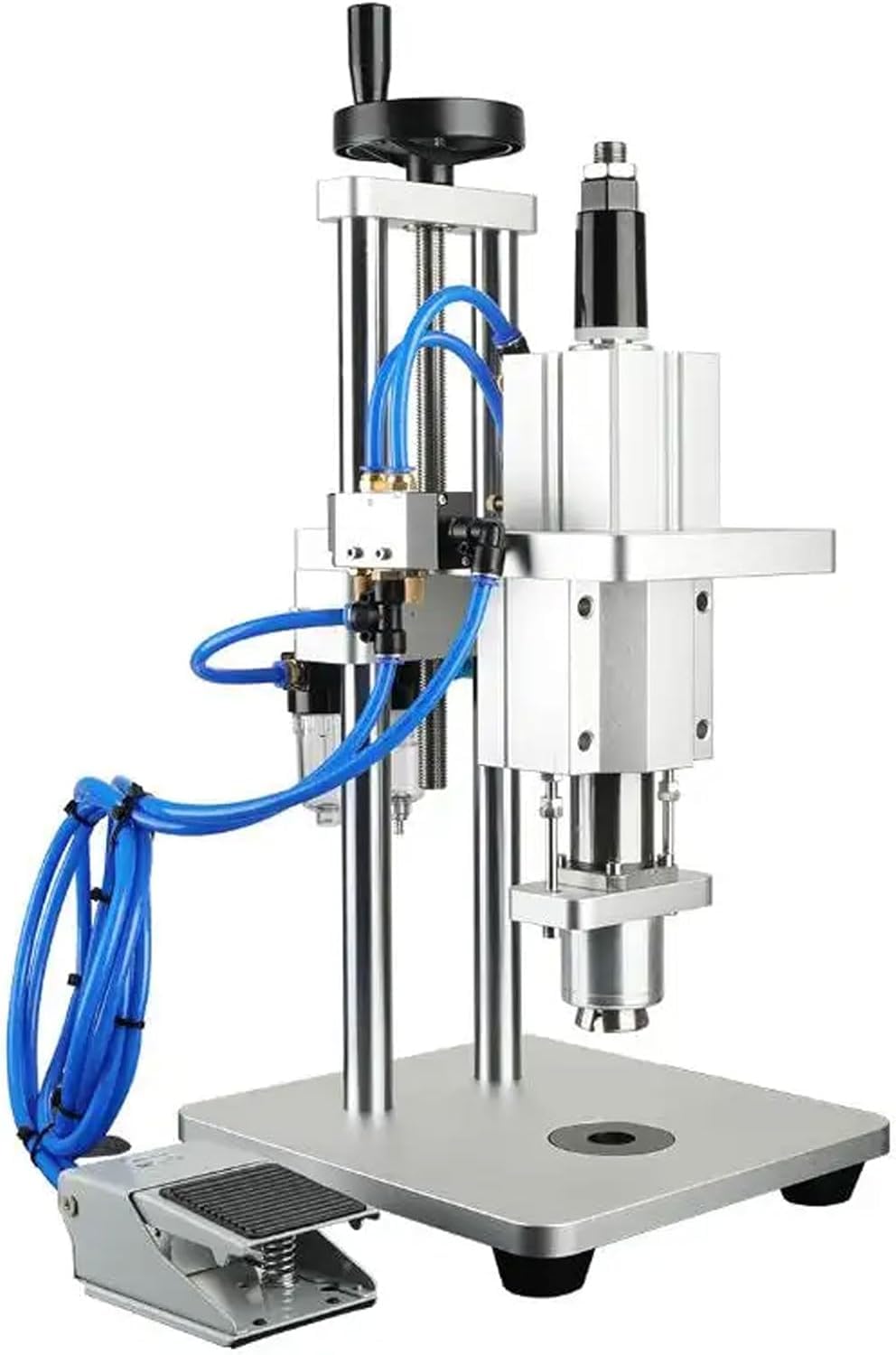 Sigillatrice pneumatica per bottiglie con regolazione in altezza e interruttore a pedale per sigillare in modo sicuro tappi in alluminio in laboratorio, ideale per ricerca e produzione