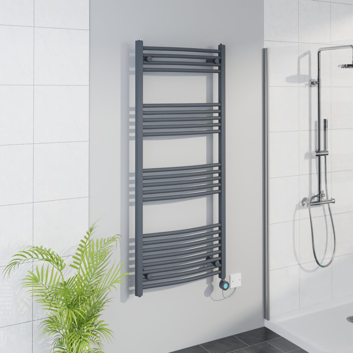 Warmehaus Smart WiFi Thermostatic Electric Bathroom Curved Heated Towel Rail Warmer Radiator with Timer 1400x600mm - Anthracite