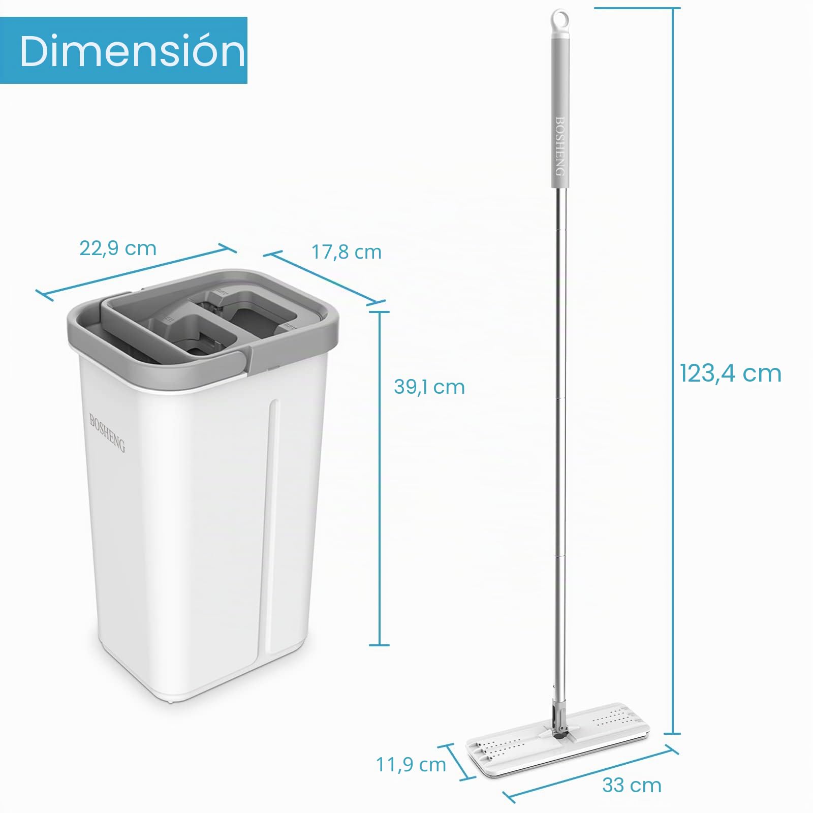 BOSHENG - Juego de trapeador y Cubo de Microfibra autoescurridor con 3 Almohadillas Lavables y Reutilizables, Sistema de Limpieza de Suelos para Uso en seco y húmedo.