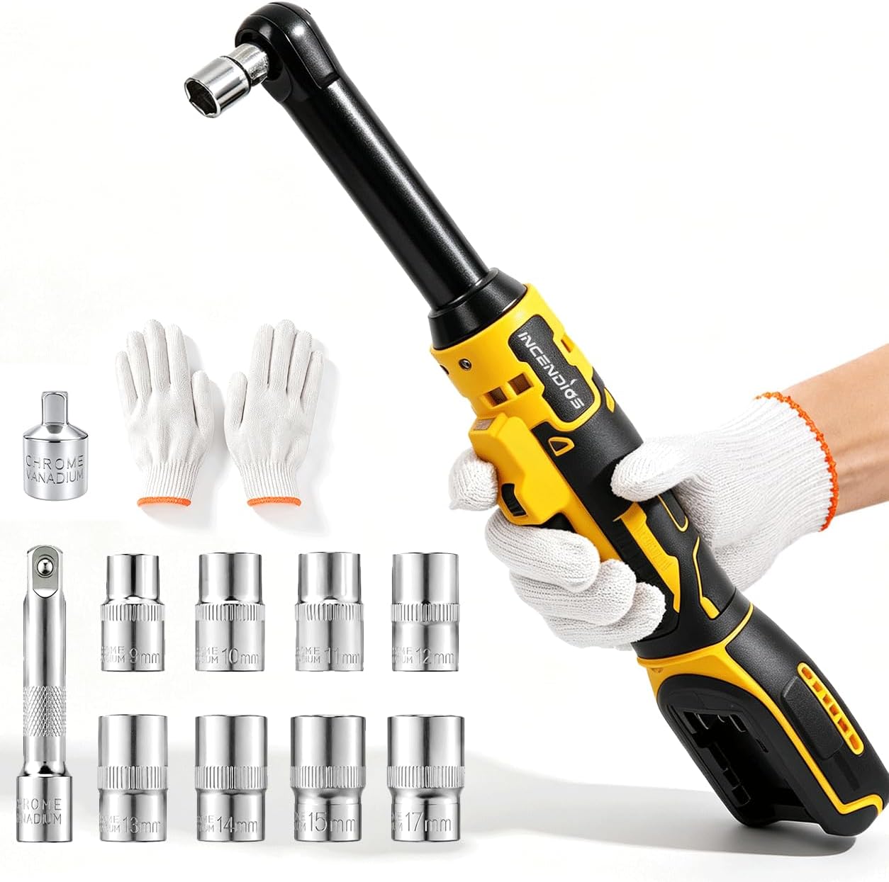 3/8" Extended Cordless Ratchet Wrench Compatible with Dewalt 20V Battery | 74ft-lbs Electric Ratchet with 6.3" Extended Head, Brushless Motor, LED Light, 8 Sockets Set, Adapters, 3 Inch Extension Bar