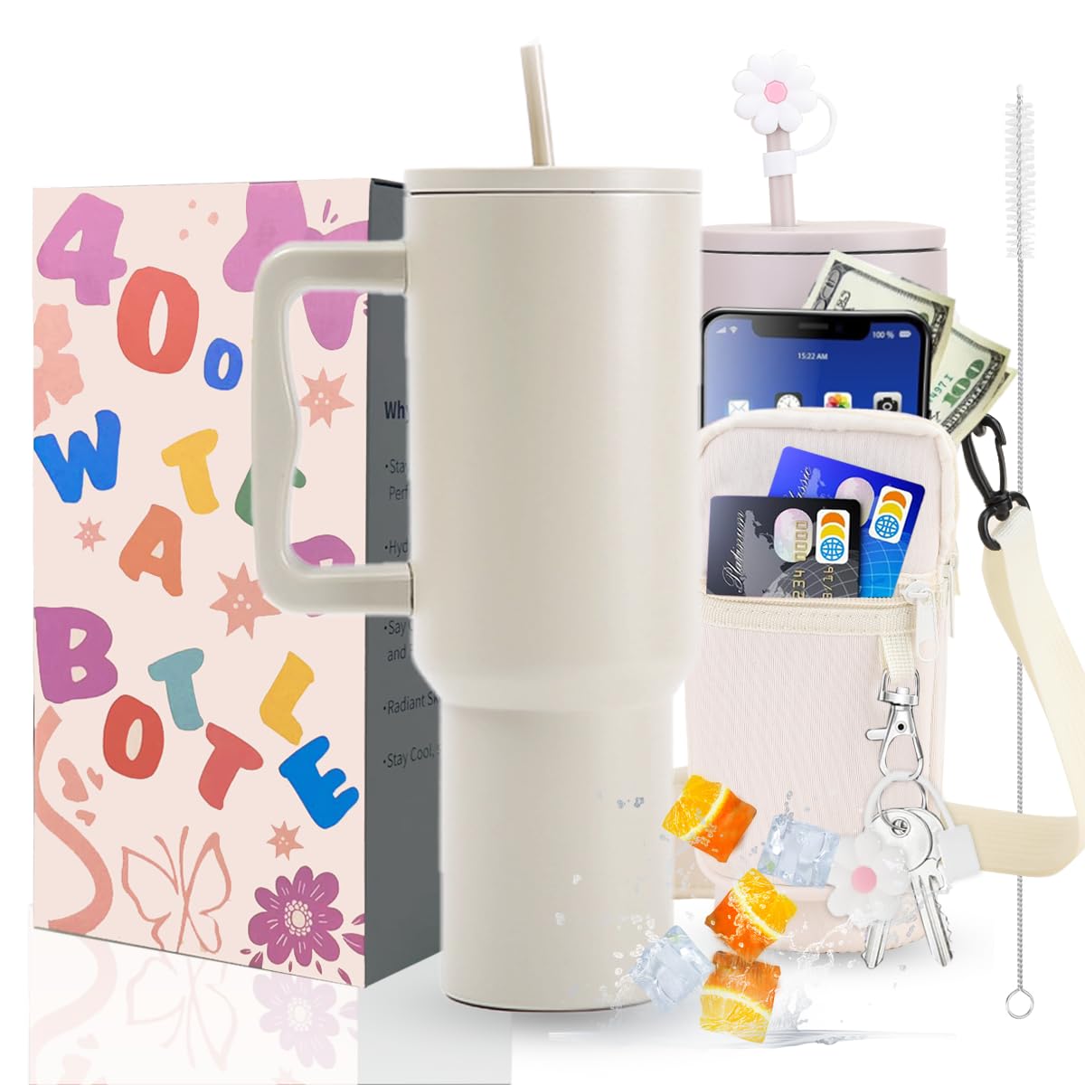Sanilinwild 40 oz Tumbler with Handle and Straw Water Bottle Holder with Phone Pocket-BPA-Free-Easy to Carry-Travel Coffee Mug