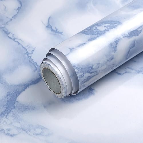 Papel de contacto de mármol blanco y azul, papel tapiz para despegar y pegar, para encimera, muebles, impermeable, extraíble, brillante, papel de