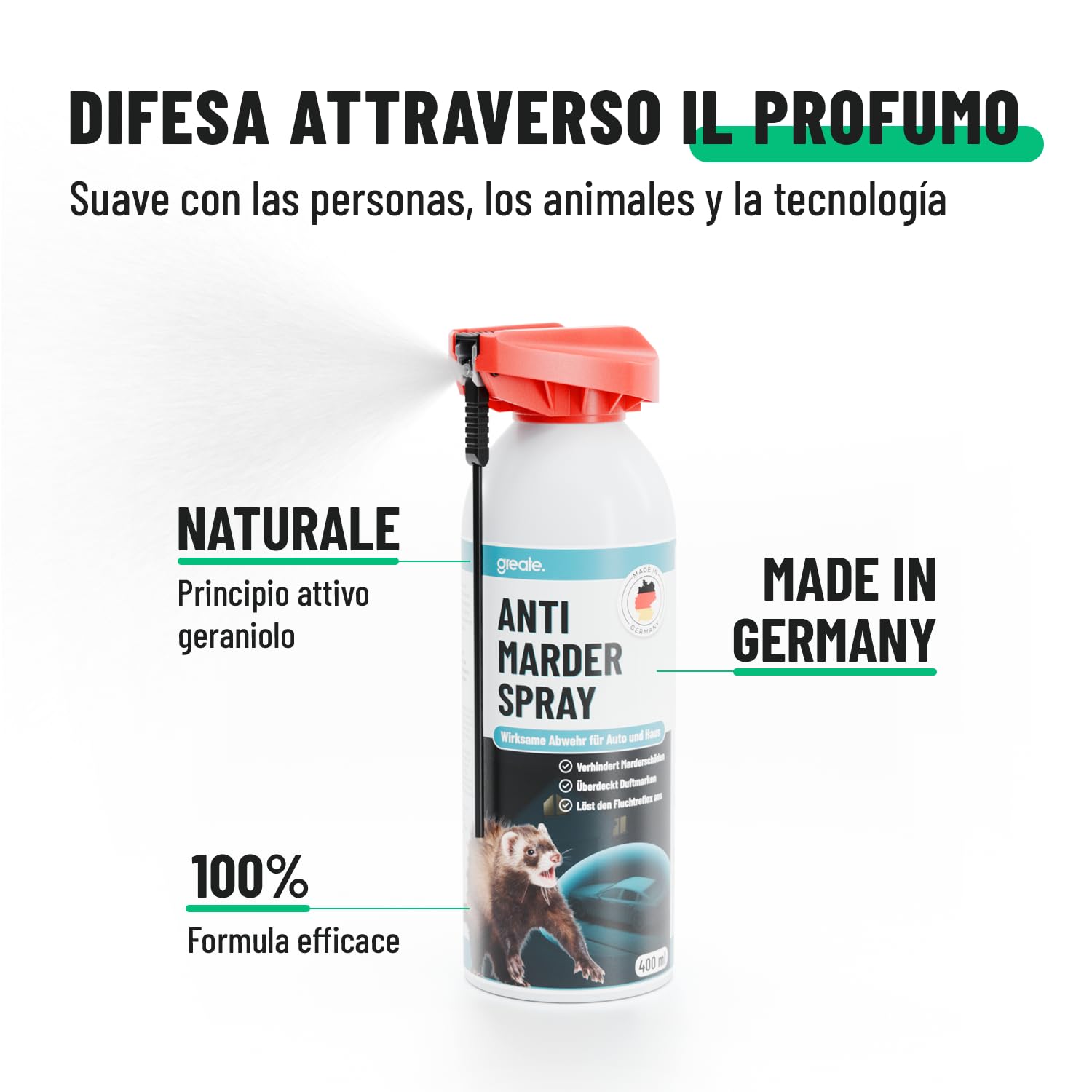 greate 2X Spray Anti-Martora per vano Motore Auto 400 ml - Difesa immediata e duratura Contro Le martore - Made in Germany - Repellente per Topi, Repellente Topi Auto