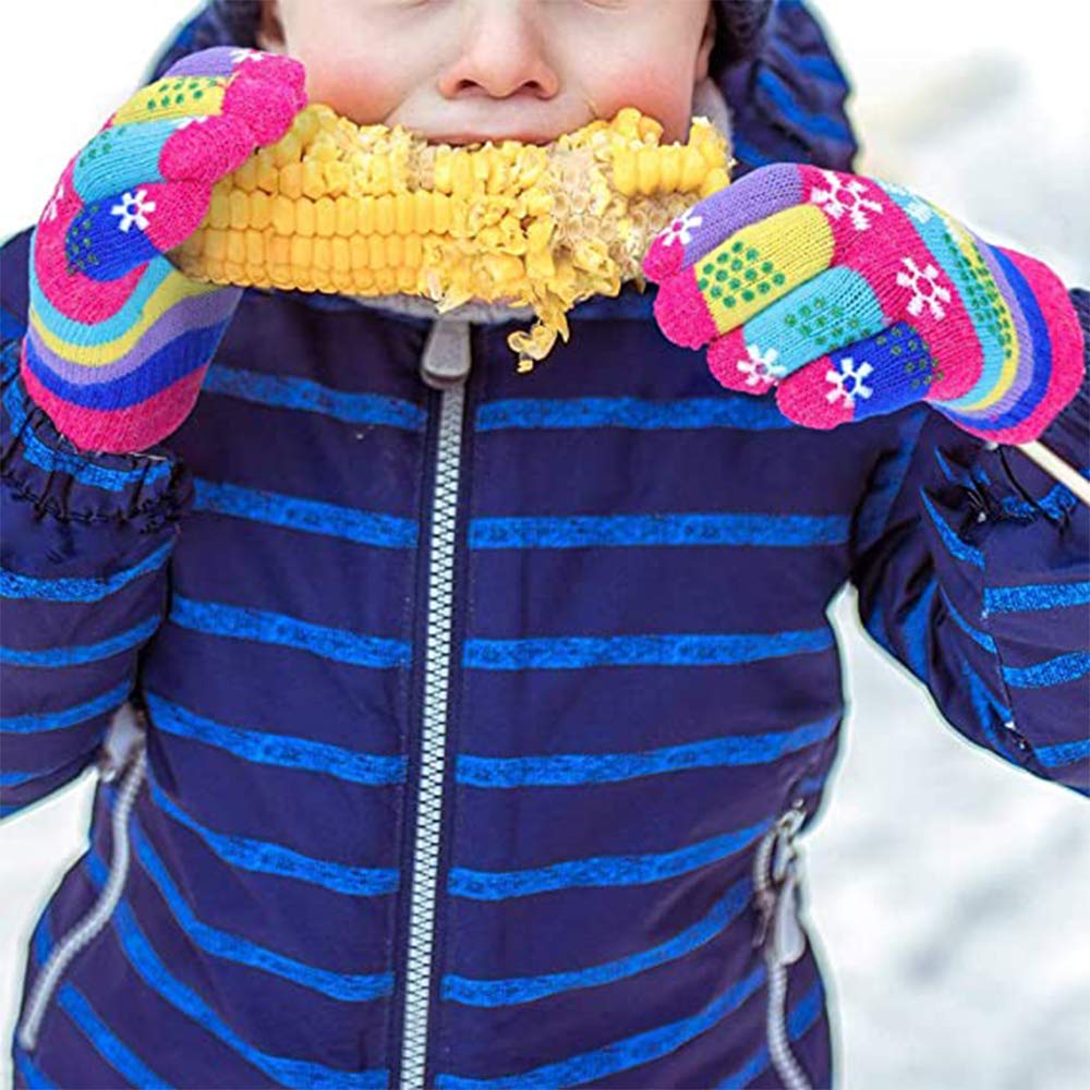 Guanti Invernali Per Bambini 5-10 Anni - 3 Paia In Maglia Con Disegni Fiocco E Cuore (Azzurro, Nero, Rosso) - Foto 3