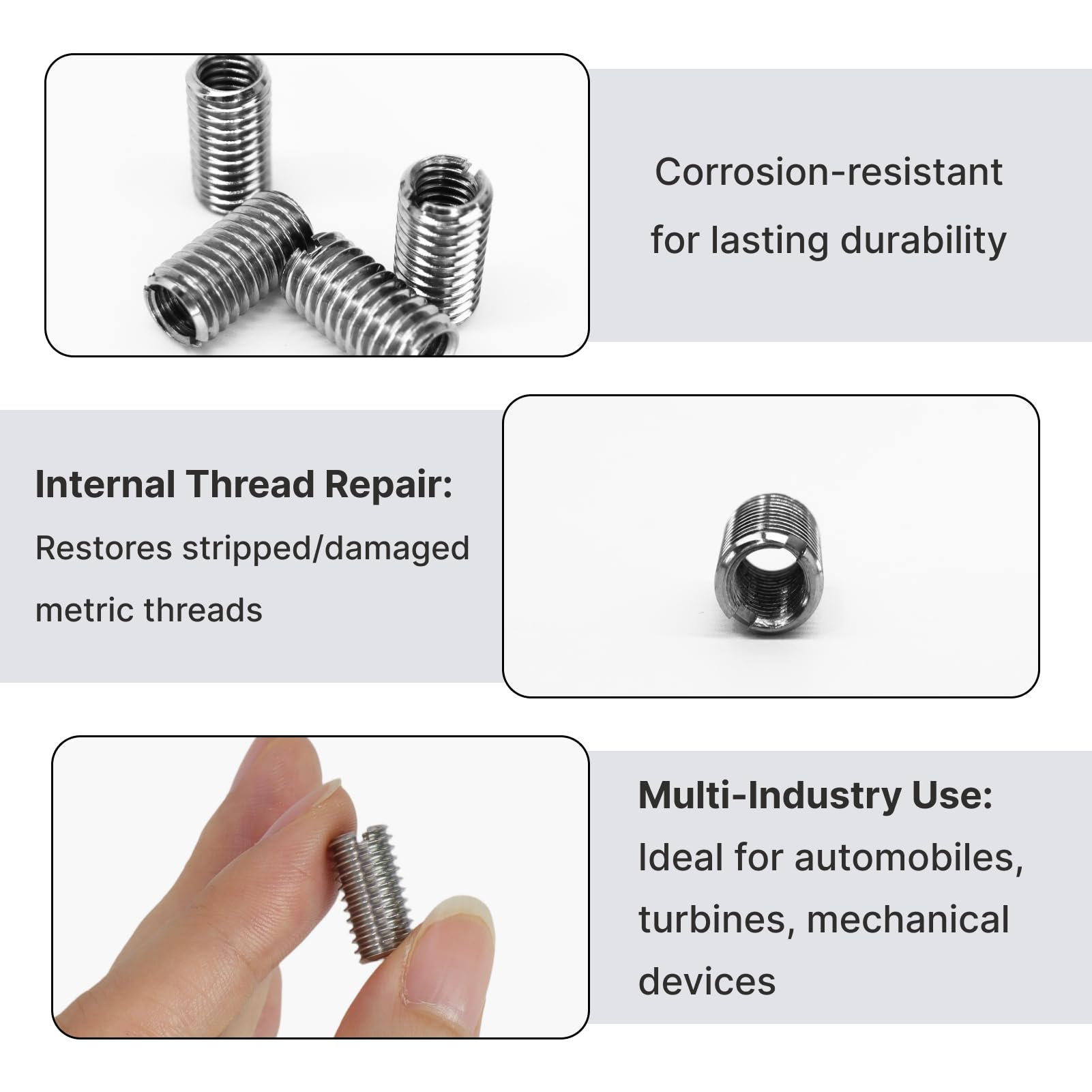 Inserti filettati M8 a M6 x 15 mm, confezione da 10 inserti filettati in acciaio inox autotaranti per riparazione filetti meccanici, auto, macchinari industriali e applicazioni professionali