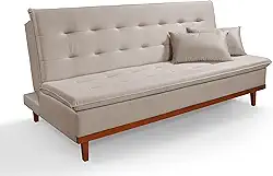 Sofá-Cama Santorini Casa Imperial Reclinável em Veludo Areia Macio 3 Lugares Casal com Base Madeira