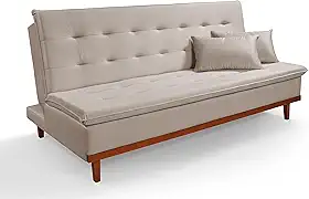 Sofá-Cama Santorini Casa Imperial Reclinável em Veludo Areia Macio 3 Lugares Casal com Base Madeira