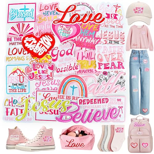 Meneng Christian Embroidered Patches for Girls: 30PCS Pink Bible Verse Iron on Patch Religious Quotes Appliques for Teens Women - Inspiring Faith Based DIY Crafts for Clothing Bags Jackets Hats
