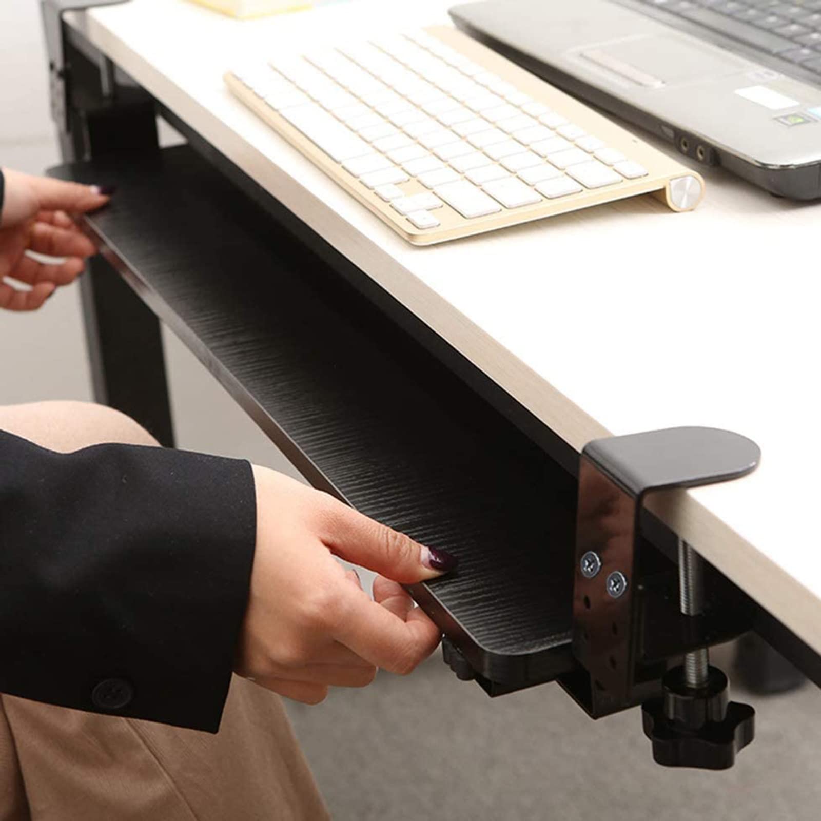 Ergonomiczna drewniana taca na klawiaturę Push-Pull z łożyskami kulkowymi 36 cm przedłużeniem pod biurkiem dla lepszego komfortu przestrzeni roboczej, idealna do użycia z klawiaturą i myszką