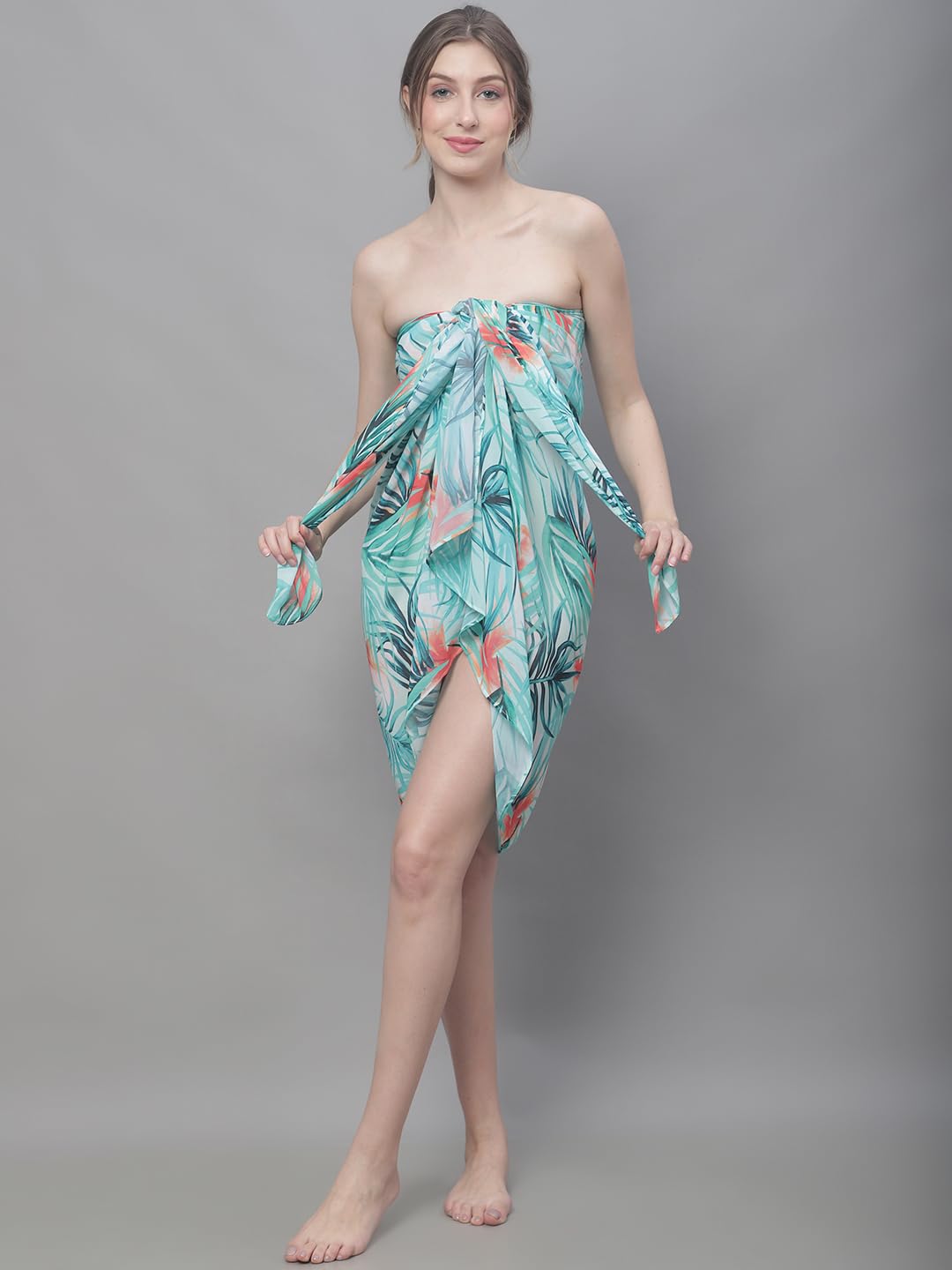 Claura Green & Orange Tropical Printed Swimwear Sarong 2