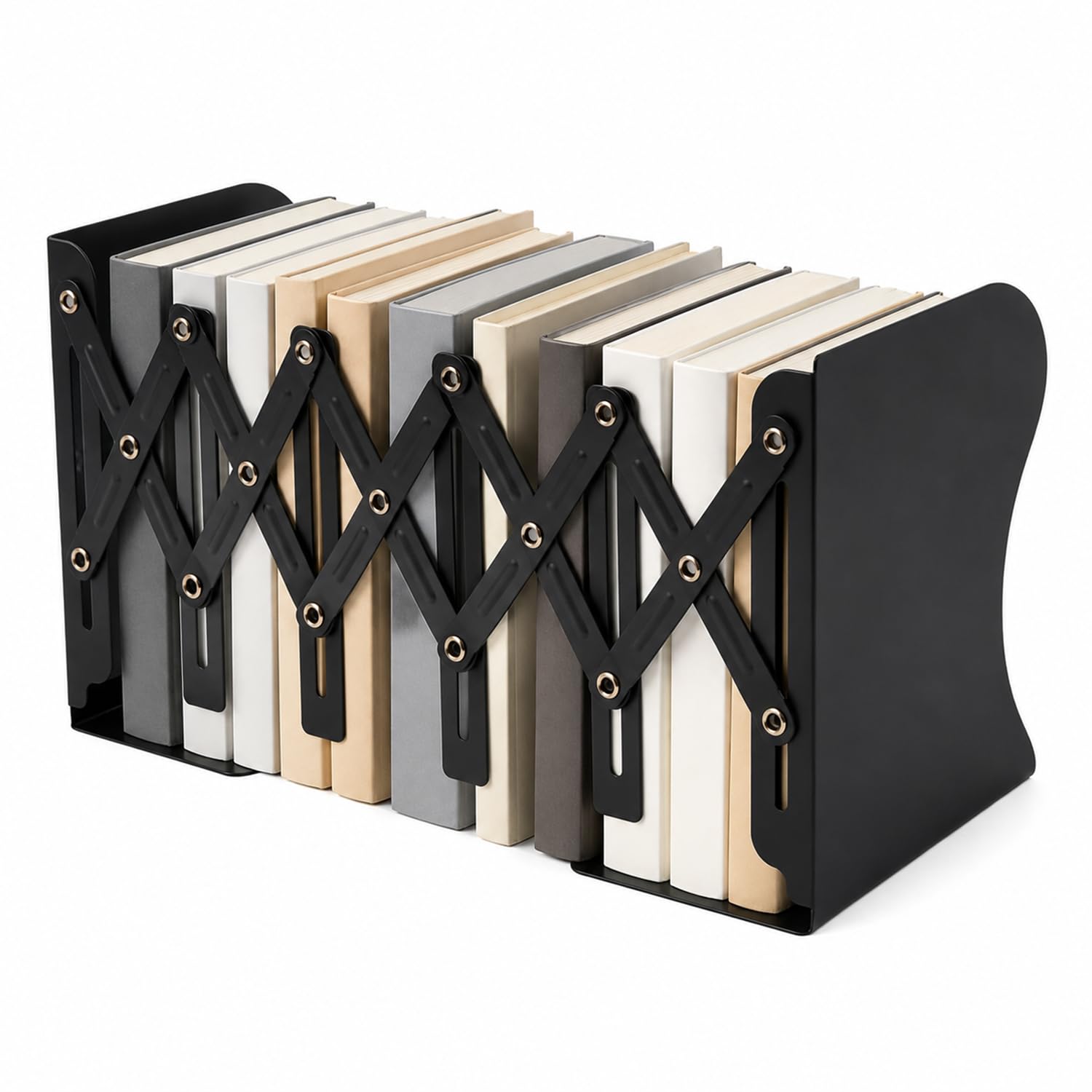 1 Pc Expandable Metal Bookends, Adjustable Telescopic Book Ends for Heavy Books, Cold-Rolled Steel Desk Bookshelf Organiser and Magazine Holder, Black (9-50 cm Extended Length)
