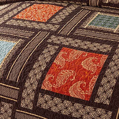 NEWLAKE Cotton Patchwork Bedspread, 3-Piece Bedding Quilt Set with Real Stitched Embroidery, Reversible Matelasse Bed Coverlet Set,Bohemian Farmhouse,Queen Size