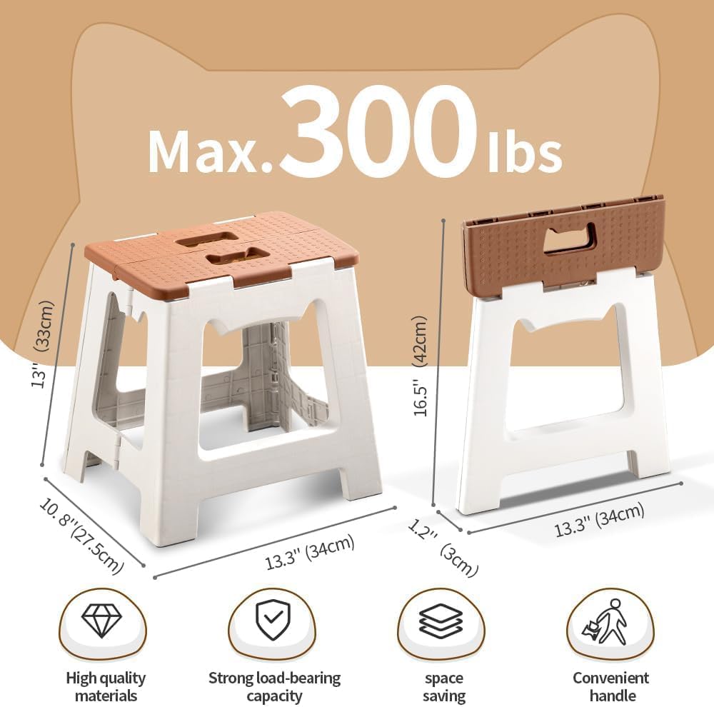 PROSFIA Premium Folding Step Stool for Adults and Kids Non-Slip Folding Stools with Portable Handle, Compact Plastic Foldable Step Stool for Bathroom,Bedroom, Kitchen (Brown)