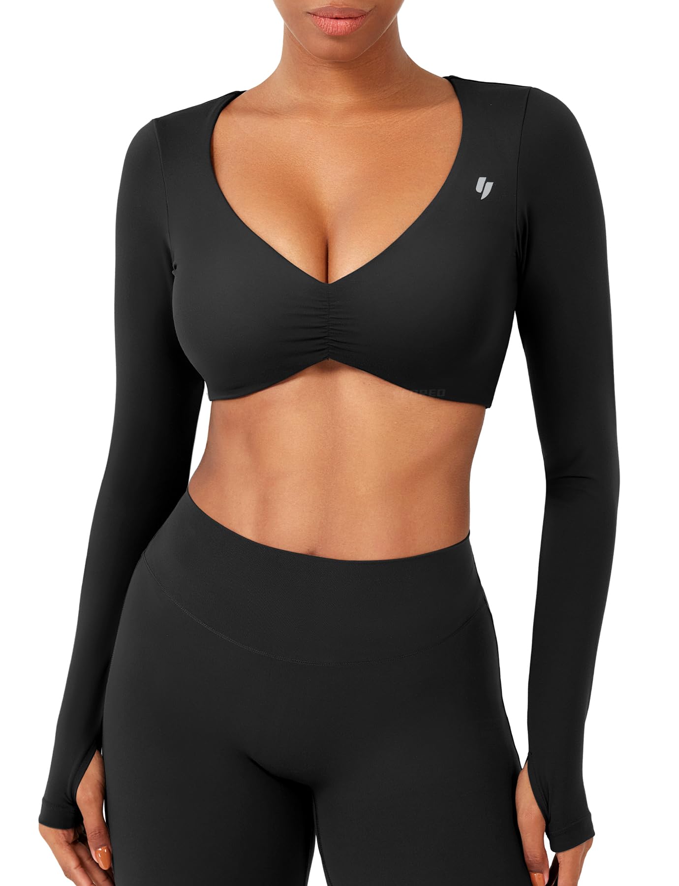 Long Sleeve Crop Tops for Women Agantha Deep V Neck Ruched Padded Workout Gym Cropped T Shirt Top with Thumb Holes