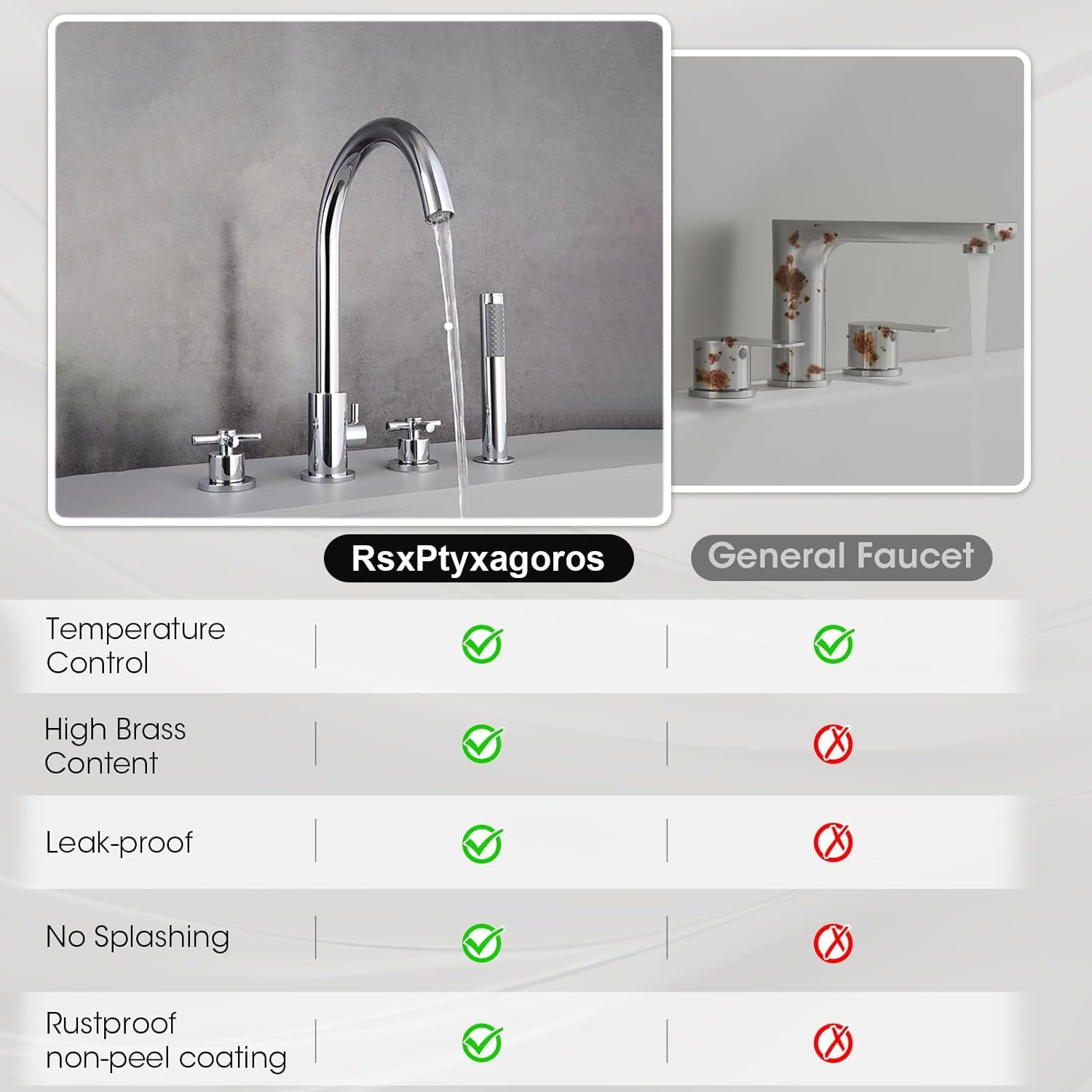 Bathtub Faucet, Roman Tub Faucets with Hand Shower, 2 Cross Handles 4-Hole Deck Mount Bathroom Faucet Brass - 5