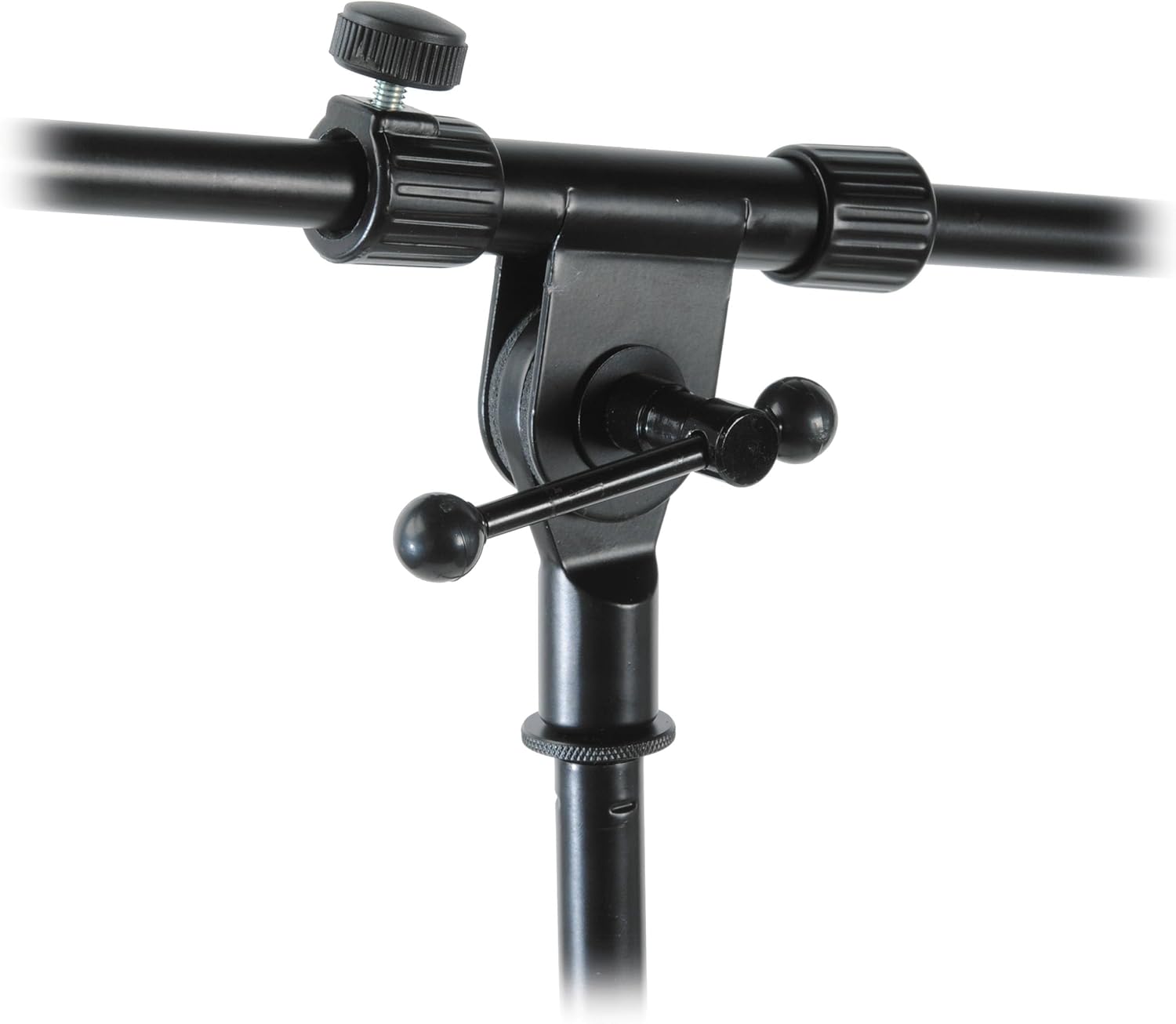 Close-up of the adjustable clutch mechanism on the On-Stage Stands MS7701B microphone stand's boom arm, allowing for precise positioning.