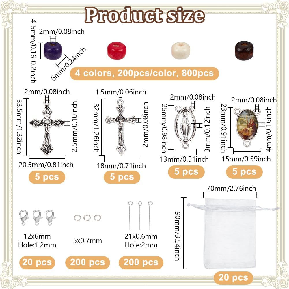 NBEADS 1260pcs Wooden Bead Rosary Necklace Making Kit, Natural Wood Beads Making Set Including Wood Beads, Alloy Pendant Link Clasps Iron Open Jump Rings and 304 Stainless Steel Eye Pin