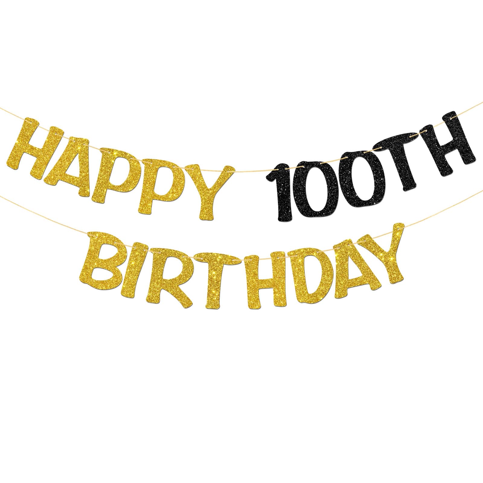 Happy 100th Birthday Banner - Adult 100th Birthday Party Garland Supplies - Cheers to 100 Years Party Decorations - Gold Black Glitter