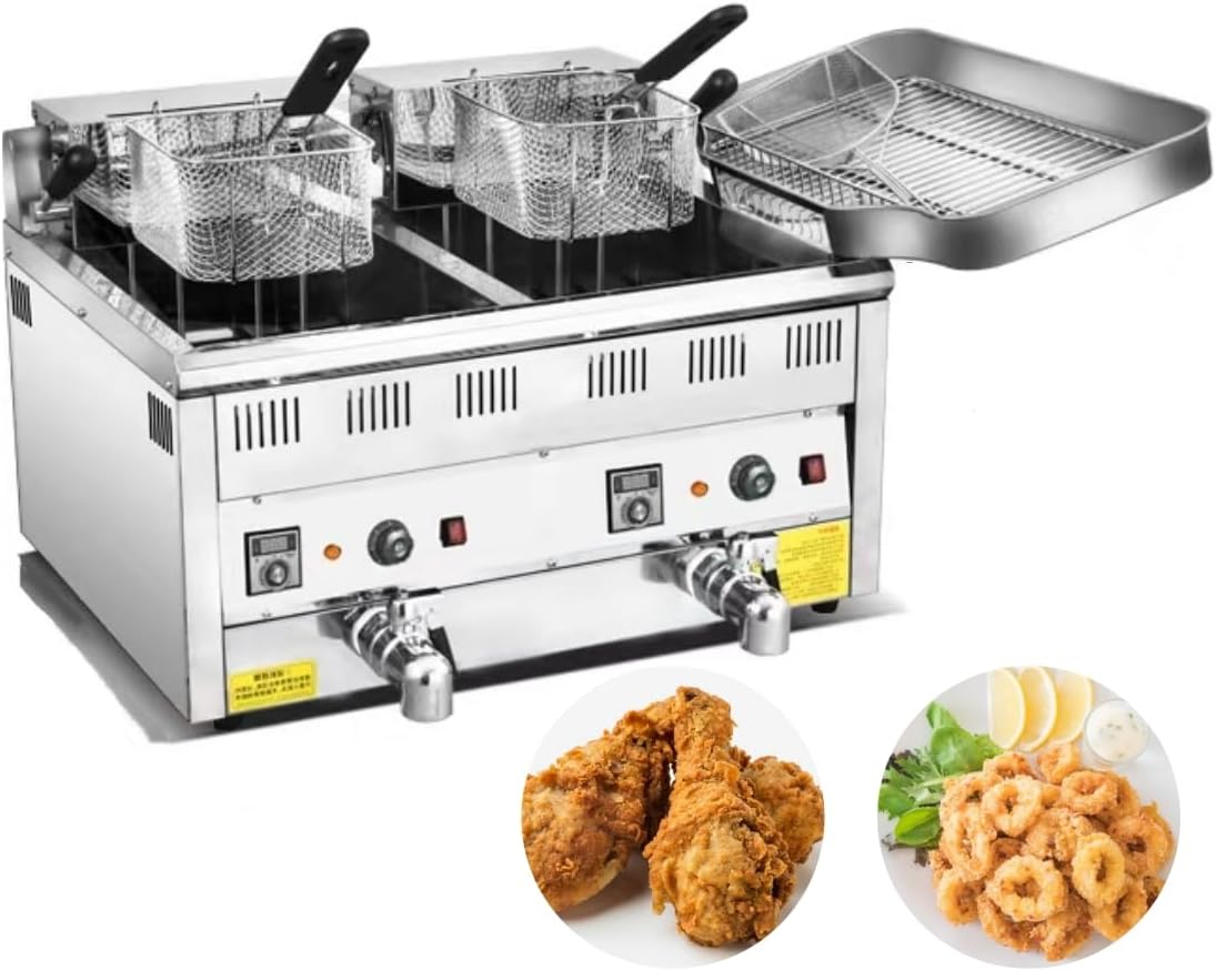 8KW Commercial Electric Deep Fryer with 2 Basket (2 x 12L Tanks), with Lid Oil Drip Drainer Rack Drain Valve Temperature Control and Limiter