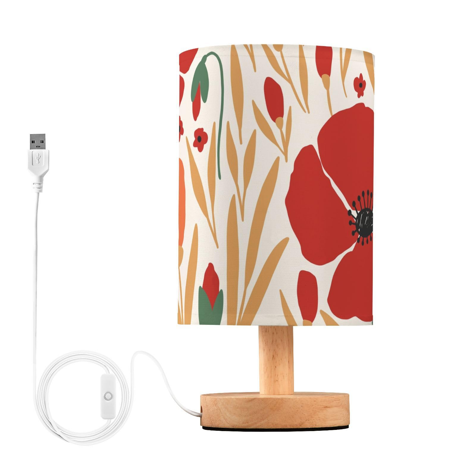 Mnsruu Bedside Table Lamp Red Poppies Flowers Poppy Bedside Lamps LED Light Desk Lamp Fabric Shade Small Lamp for Bedroom Living Room (Bulb Included)