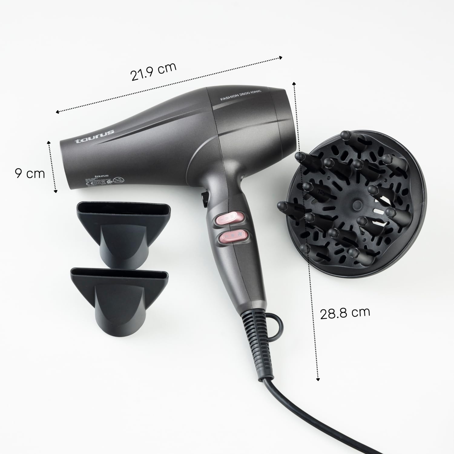 Taurus – Haartrockner Fashion 2600 Ionic, 2600W, 6 Geschwindigkeits-/Temperaturstufen, AC-Motor, Ionic Care, Kaltlufttaste, Zubehör: Präzisionsdüse, Breitdüse, Diffusor, Schwarz