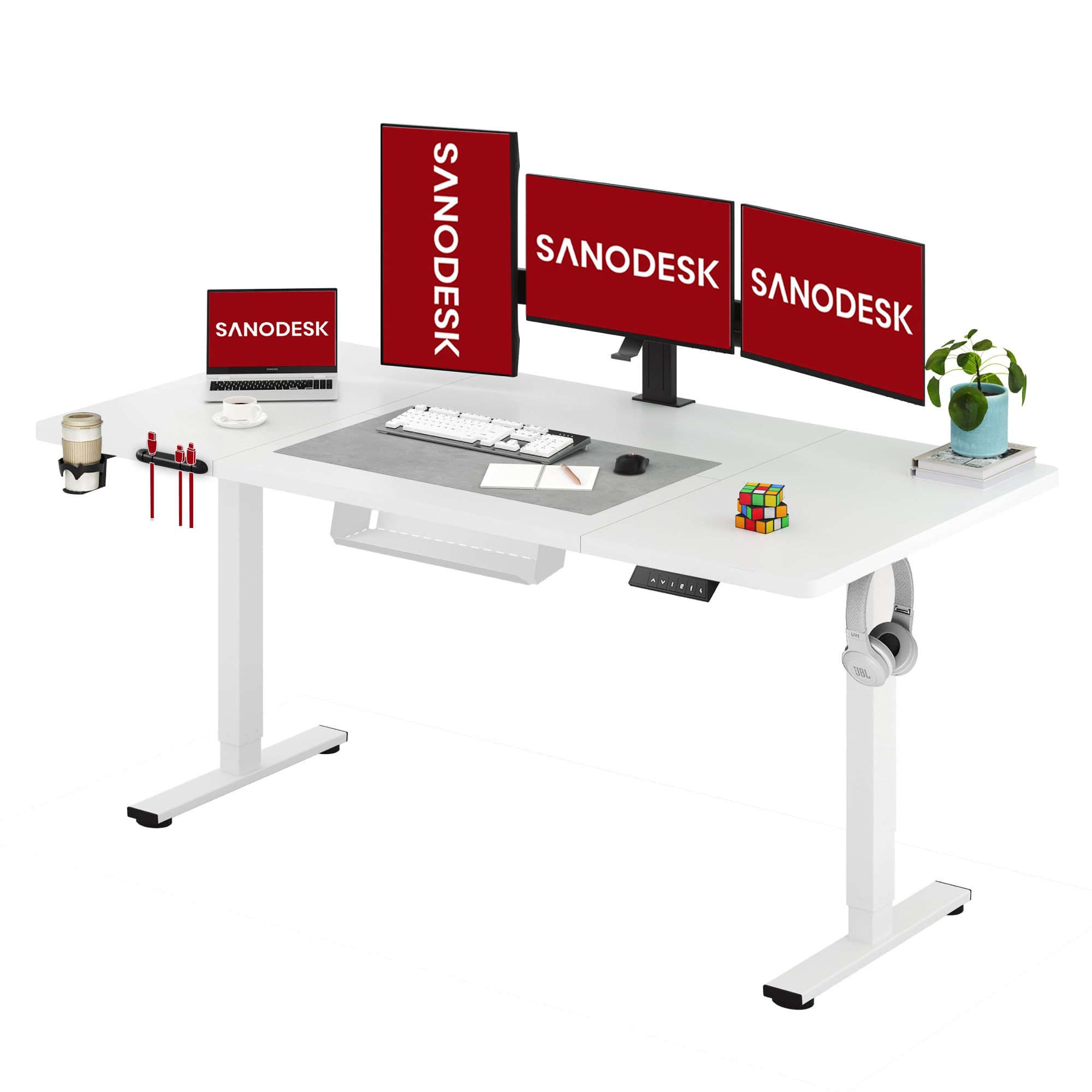 SANODESK Höhenverstellbarer Schreibtisch 180×80 cm – Extra großer Standing Desk mit robuster 70 kg Tragkraft, Anti-Kollisions-Schutz & umfassendem Zubehörset(Weiß)