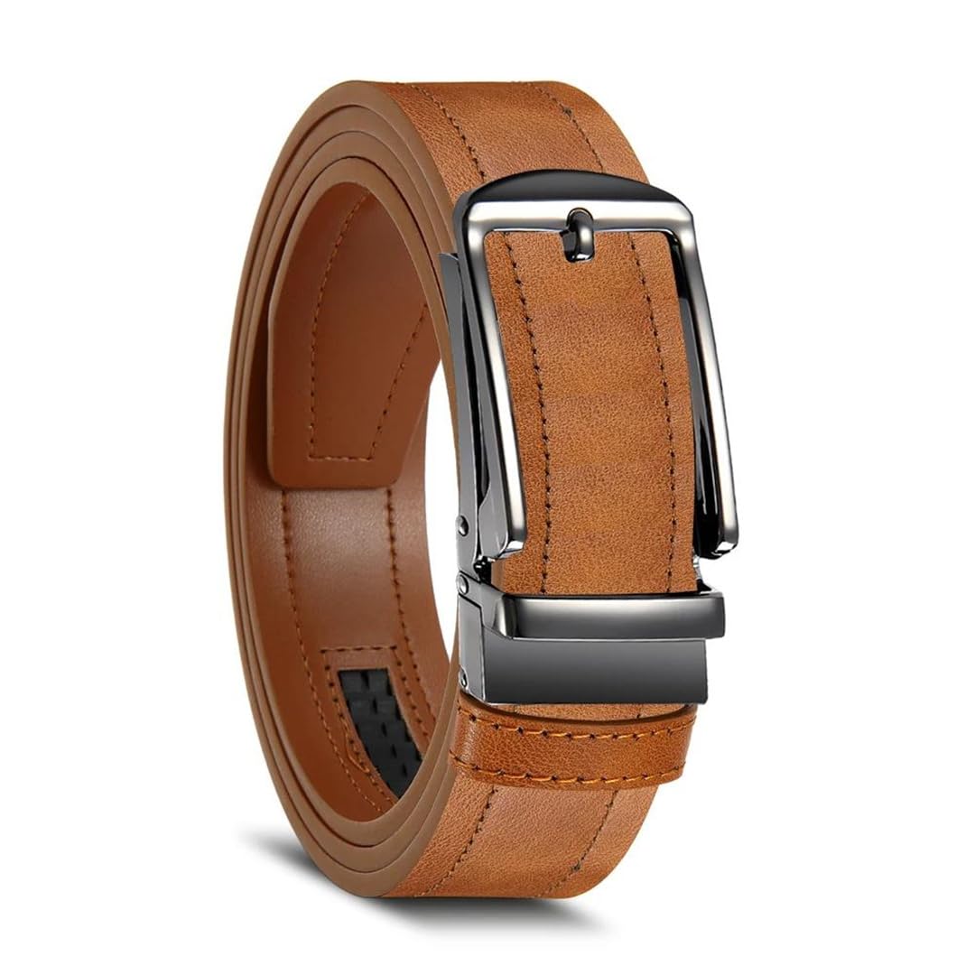 Yeuyyben Cinturón de trinquete de piel sintética para hombre con hebilla automática, cinturón de diseño casual de negocios, color negro y marrón