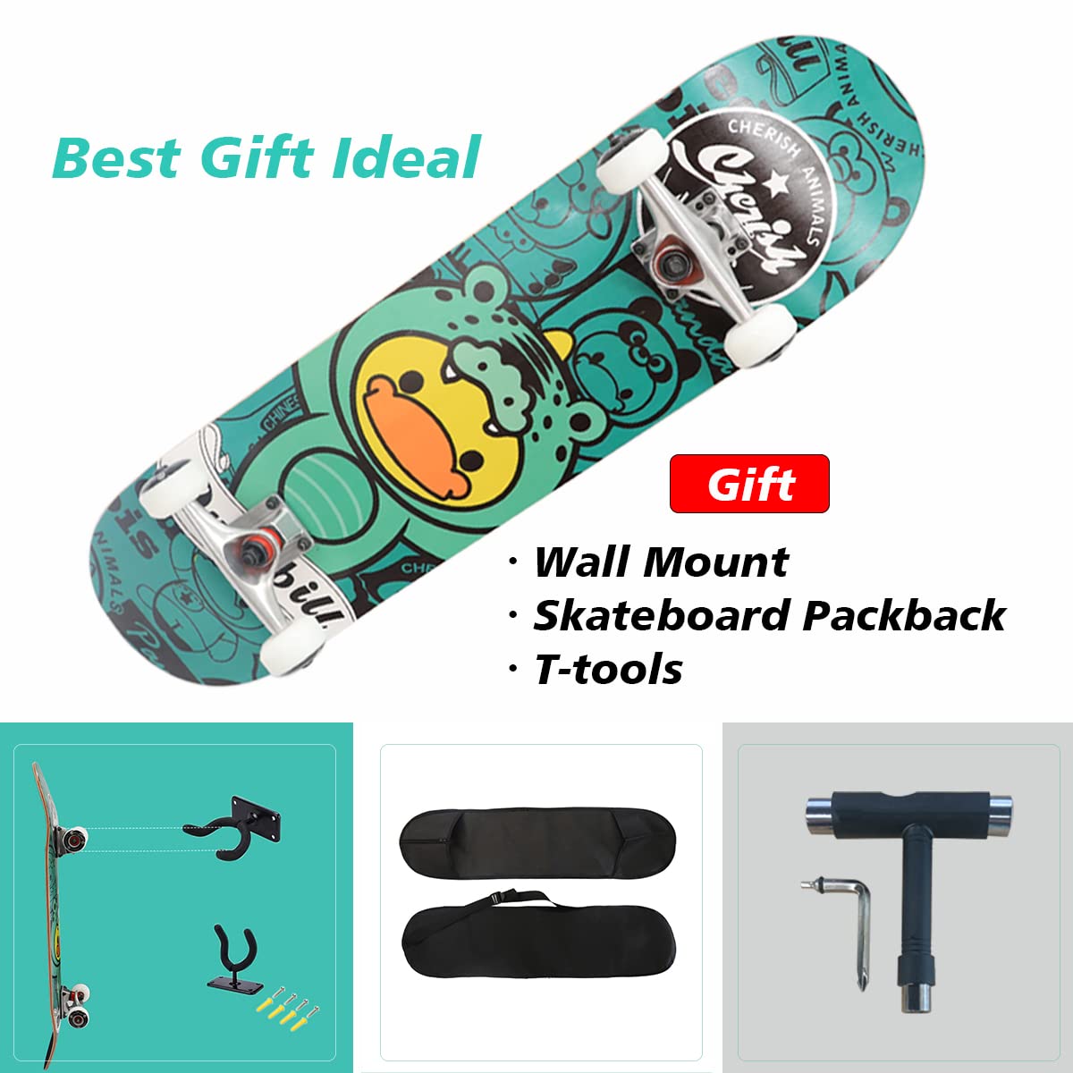 U-Moving Skateboards for Beginner Adults Youths Teens Kids Girls Boys 31"x 8" Skate Boards Canadian Maple Double Kick Concave Complete Standard and Trick Skateboard with T-Tools Backpack & Wall Mount