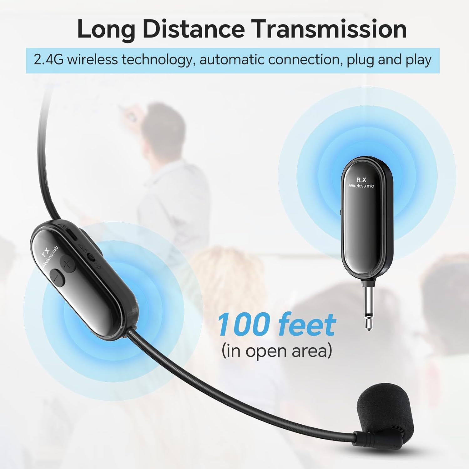 XIAOKOA Wireless Microphone Headset, 2.4G Head Microphones System, USB-C Charging, 100ft Range, Mic for Speakers Voice Amplifier PA System Teaching Fitness Instructor Tour Guide - Image 2