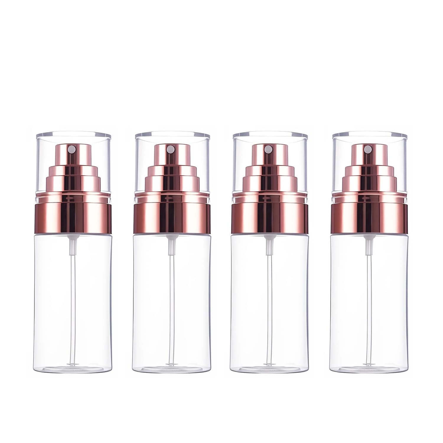 ROHIJALE 4Packs 60ml/2Oz Clear Plastic Spray Bottles with Rosegold Caps Mini Refillable Sprayer Bottles Essential Oils Travel Cleaning Makeup Bottles