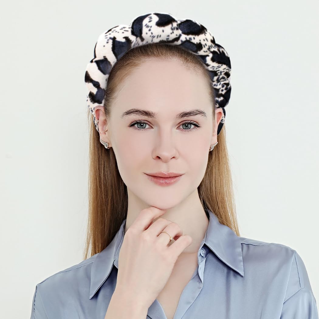 Spa Headbands Puffy Makeup Skincare Headbands for Washing Face or Facial, Terry Cloth Fabric Hairbands for Makeup Removal Shower Skin Treatment(Black/White Leopar) image 2